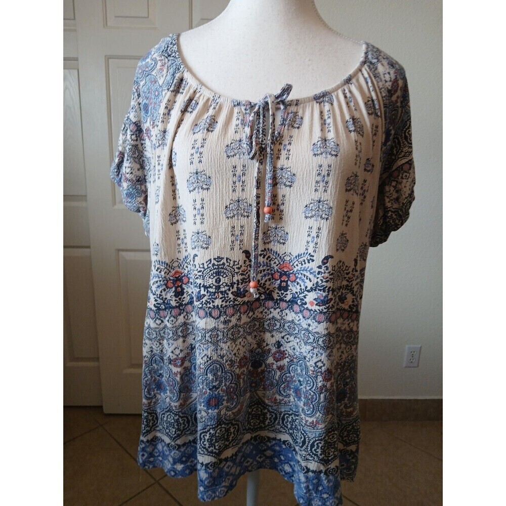 I.b. Diffusion Womens Blouse Floral Print Short Sleeve Scoop Neck‎ Tassed Size L
